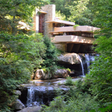 The exterior of Fallingwater on a sunny summer day.