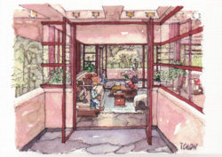 Ivan Chow Sketches: Fallingwater Living Room from Terrace