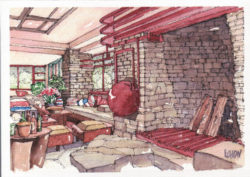 Ivan Chow Sketches: Fallingwater Hearth in Living Room