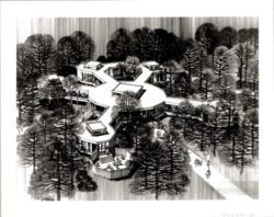 Paul Mayén, perspective drawing of Fallingwater visitor center, 1977. Fallingwater archive, WPC Collection, 2020.145.