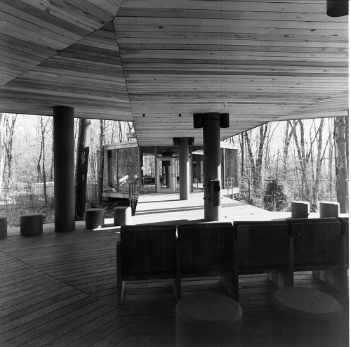 Fallingwater visitor center, view looking from information desk toward childcare center, shortly after completion, circa 1981. Fallingwater archives, WPC Collection.