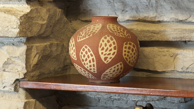 A photo of a ceramic vessel on a shelf at Fallingwater