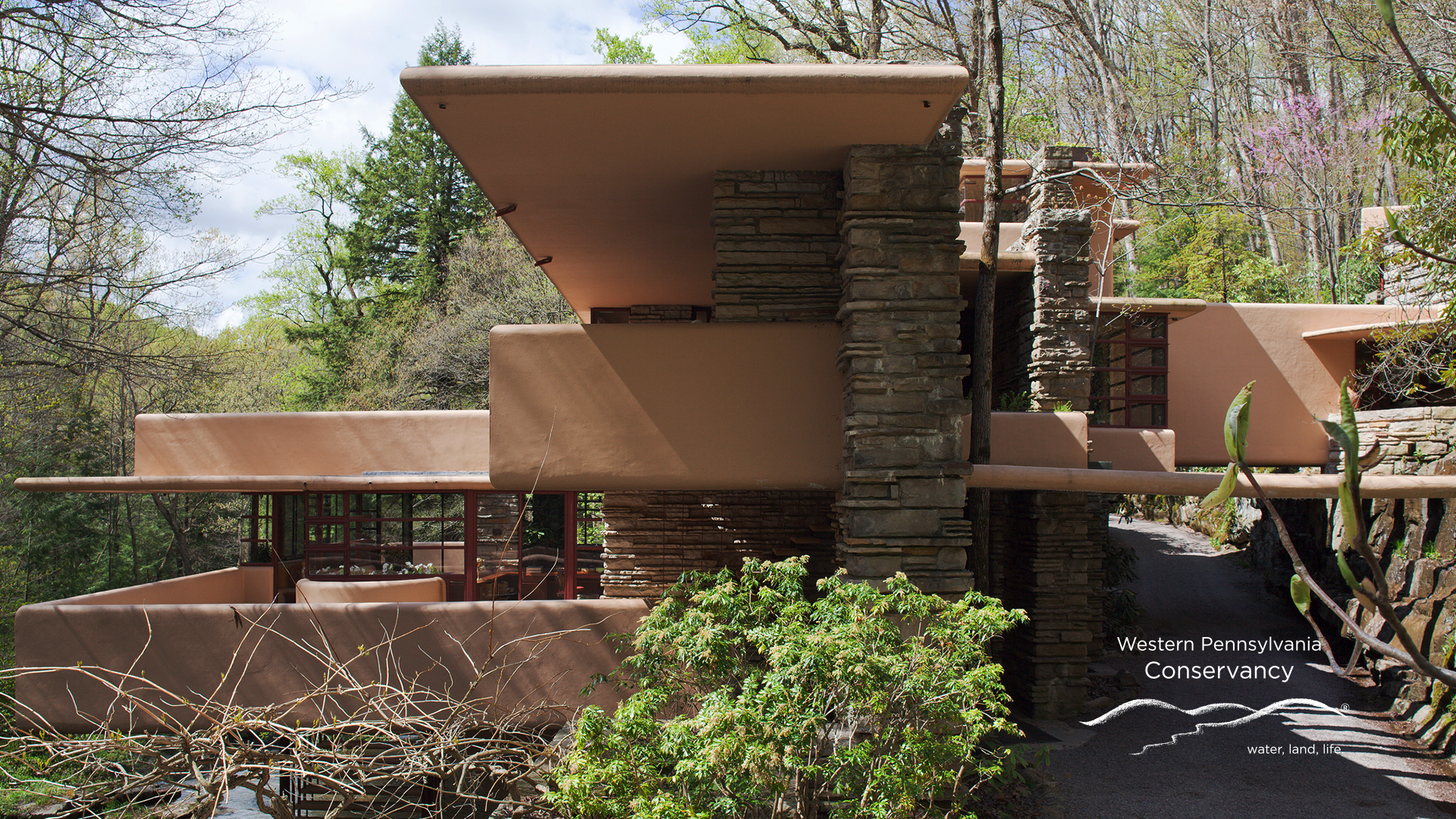 Zoom background image of the east elevation of Fallingwater