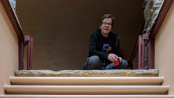 Photo of Fallingwater Institute Immersive Design Resident at the top of the Fallingwater hatch stairs