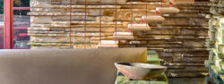 Stone exterior wall and floating concrete steps to the east terrace of the Fallingwater house with plung pool wall and short, wide bowl in the foreground, photographed by Andrew Pielage