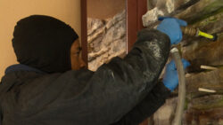 A Masonry Solutions International team member injects grout into the northeast corner of the Guest House stone wall.