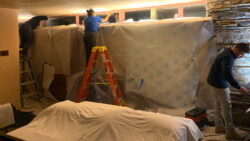 H. P. Steel Window Restoration’s crew works overnight to conserve steel frames of the clerestory windows. Working overnight was a way to lessen the impact on visitors.