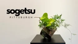 A fresh ikebana arrangement sits on a shiny black table in a white room