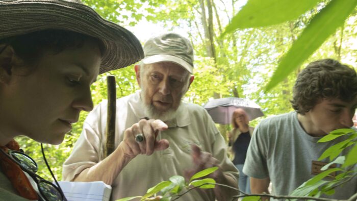 George Longenecker discusses plant selection and care with the 2022 Fallingwater landscape interns.