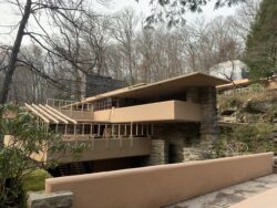 Temporary enclosures are being erected on Fallingwater East Terrace for preservation work on Dec 7.