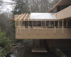 Temporary enclosures are being erected on Fallingwater East and Pottery terraces for preservation work.