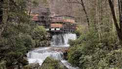 Image of Fallingwater during Preservation efforts with scaffolding around the house
