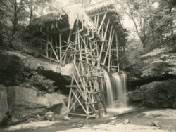 Scaffold and formwork in place for the concrete pours of the cantilevers. 1936. Fallingwater Archives, Western Pennsylvania Conservancy, 2014.1.10.