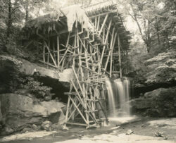 Scaffold and formwork in place for the concrete pours of the cantilevers. 1936. Fallingwater Archives, Western Pennsylvania Conservancy, 2014.1.10.