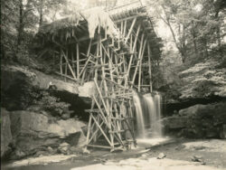 Scaffold and formwork in place for the concrete pours of the cantilevers. 1936. Fallingwater Archives, Western Pennsylvania Conservancy, 2014.1.10.