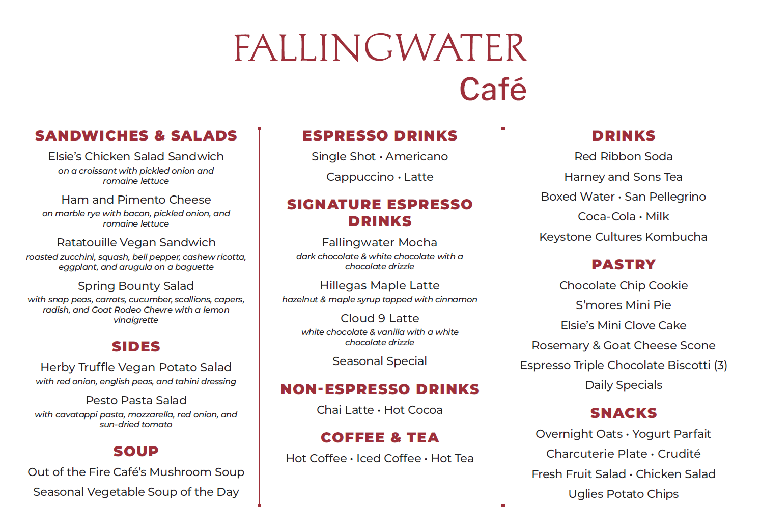 Fallingwater Cafe Menu