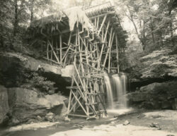 Scaffold and formwork in place for the concrete pours of the cantilevers. 1936. Fallingwater Archives, Western Pennsylvania Conservancy, 2014.1.10.